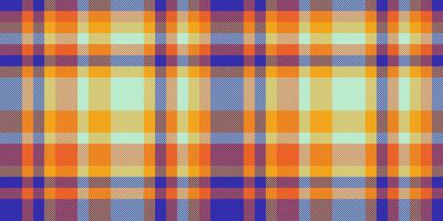 Vibrant plaid pattern in cheerful orange, blue, and pastel tones. Ideal for textile design, website backgrounds, or fashion projects. This seamless texture evokes warmth and a sense of casual style. vector