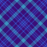 Printout plaid tartan background, attire check pattern textile. Workshop fabric seamless texture in violet and cyan colors. vector