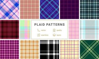 Collection of 12 vibrant plaid patterns. Perfect for textile design, apparel, or website backgrounds. Seamless files, highresolution quality. vector