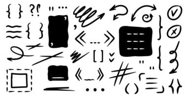 Doodle shapes, text box, parenthesis, brackets, punctuation mark, comma, squiggle arrow, lines, rectangle frames for social media. Black abstract isolated design elements. Speech bubble blobs for vector