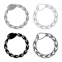 Uroboros Zhulong snake eating own tail coiled in ring Ouroboros serpent set icon grey black color solid fill outline contour line thin style vector