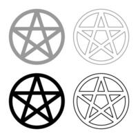 Pentakl Neopagan Wicca Pentacle Neo paganism sign five pointed star in circle inside round Pentagram magic symbol set icon grey black color solid fill outline contour line vector
