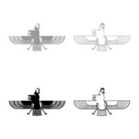 Zoroastrism religion Faravahar Zorostrian symbol Parsi set icon grey black color solid fill outline contour line thin style vector