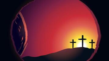Mourning tomb, Calvary with three crosses poster, background with copy space. Religious banner vector