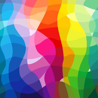 Bright colorful background with facet sections. Geometric abstract pattern with waving lines and multicolored elements. Blue, violet, purple, red, pinl, yellow and green colors. Rainbow design.