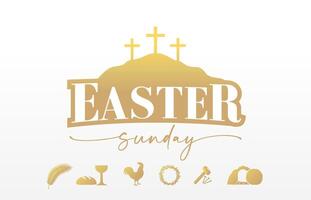 Easter Sunday greeting card creative design with Calvary flat illustration and Holy week icons. vector