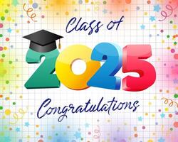 Class of 2025 congrats, graduating event decor with notebook paper backdrop and festive elements. 3D graphic colorful number 2 0 2 5 with square black cap. Prom invitation template. Gift card design. vector
