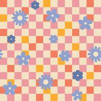 Seamless retro groovy checkered pattern with floral elements. Simple 1970s-style flowers in a doodle design. Perfect for fabric, wrapping paper, wallpaper, and fashion print vector