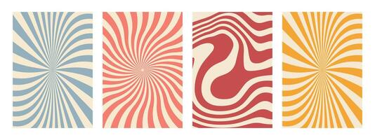 Groovy 70s hippie backgrounds featuring starburst rays, colorful funky waves, and vintage 60s psychedelic patterns. A set of twisted and distorted textures in a trendy retro Y2K aesthetic. vector