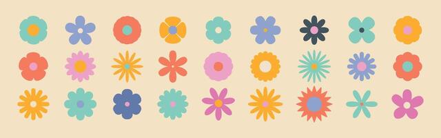 Groovy simple flowers set. Bright floral geometric vintage set in hippie style. Abstract minimal daisy elements. Nostalgic 60s and 70s retro flowers collection vector