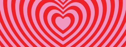 Monochrome horizontal background featuring a heart-shaped tunnel. A rainbow-inspired romantic pattern in shades of pink and red. Trendy illustration in a retro 60s and 70s style. vector
