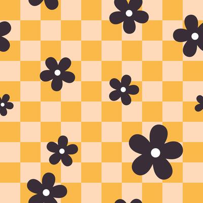 Seamless retro groovy checkered pattern with black floral elements. Simple 1970s-style flowers in a doodle design. Perfect for fabric, wrapping paper, wallpaper, and fashion prints