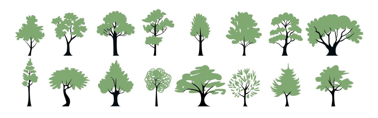 Set of green tree silhouettes. Hand-drawn illustrations featuring various tree shapes, isolated on a white background.