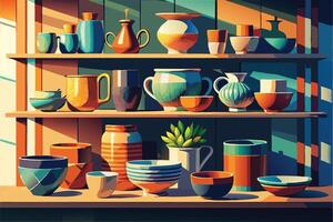 Vibrant Ceramic Display Shelf with Colorful Pottery vector