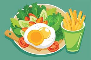 Healthy meal with fried potatoes and eggs with salad vector