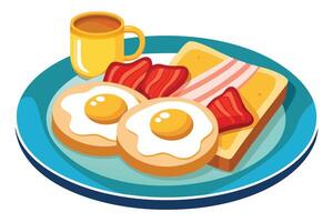 Colorful breakfast illustration featuring eggs, bacon, and toast. vector