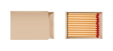 Matchbox, empty package for match sticks in top and perspective view. Realistic mockup of 3d blank box. Stages of burning the match. Symbol of ignition burning. vector