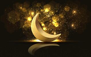 islamic greeting ramadan card design with crescent moon and glow hexagon background vector
