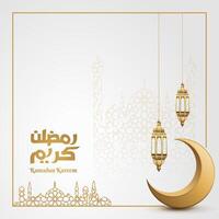 ramadan kareem greeting card with crescent and lanterns vector