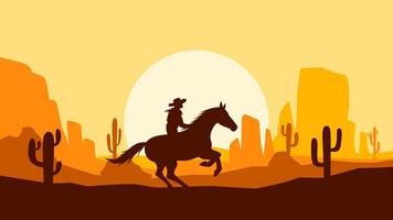 Landscape of a cowboy riding a horse in the desert scenery. Panoramic view of wild west desert with cowboy on horseback during sunset.Illustration of scenic canyon with butte and cacti vector
