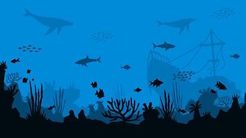 Underwater landscape of shipwreck with coral reefs scenery. Panoramic view of undersea with fishes and sunken ship.Illustration of scenic seascape with aquatic ecosystem and marine vegetation vector