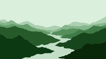 Landscape of a river in mountains scenery. Panoramic view of mountain range with a river flowing through it.Illustration of scenic landscape with river winding between majestic mountain range vector