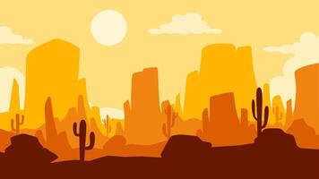 Desert landscape of canyon scenery with cactus and butte. Panoramic view of wild west desert with cacti and a sunset sky.Illustration of the scenic arizona desert with buttes and mesas vector