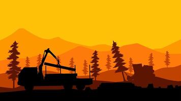 Landscape silhouette of illegal logging in a pine forest. Panoramic view of deforestation with bulldozer and forestry truck.Illustration of coniferous forest with illegal tree cutting activity vector