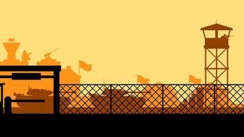 Landscape silhouette of military base scenery. Panoramic view of headquarter with military building and hangar.Illustration of scenic military bunker with tank and watchtower vector