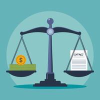 scale of justice with a contract on one side and money on the oth vector