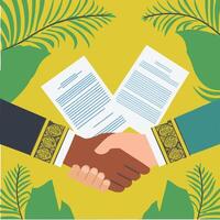 Two hands shaking with a document vector