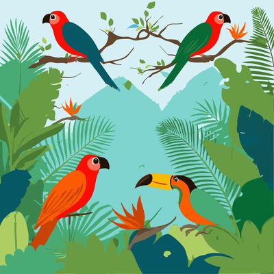 Tropical Rainforest with Colorful Birds
