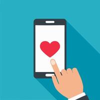 hand tapping a heart icon on a phone screen vector