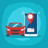 car with a smartphone and location pin icon vector