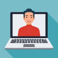 laptop screen showing a smiling person on a call vector
