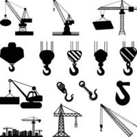 Tower Crane Set, Construction Crane Silhouette Cut File Bundle, Crane and Hook Icons vector
