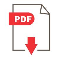 PDF file icon with a downward arrow and the word PDF in bold, symbolizing the downloading and sharing of documents vector