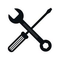 Crossed screwdriver and wrench tool icons in black and white, symbolizing mechanical repair, maintenance, and fixing vector