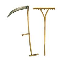 Set of garden tools, scythe for mowing grass and wheat, wooden rake for collecting grass. All objects are hand-drawn with watercolors and isolated on a white background. For design and creativity vector