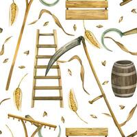 Harvesting, wheat, scythe for mowing, sickle, storage box and barrel, ladder, wheat grains, wheat ears. All objects are hand-drawn with watercolor. Watercolor seamless pattern. For printing on paper vector