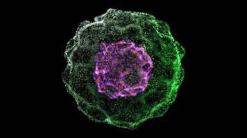 Glowing Particle Sphere with Purple Core and Green Outer Layers on Dark Background video