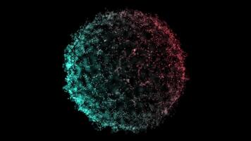 Dual-tone particle sphere with glowing cyan and red gradient on a dark background video