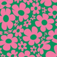 Twisted pink flowers pattern in retro psychedelic hues, warped geometry. Groovy 70s vibes, wavy fluid, hypnotic hippie background. vector