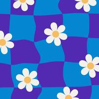 Psychedelic checkerboard with bold geometric distortions and daisies, surreal retro look. Wavy grid pattern, vibrant 70s colors, groovy hippie energy. vector