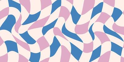 Psychedelic wavy checkerboard in bold retro hues, surreal grid distortion. Groovy geometric shapes, vintage 70s energy, colorful hippie texture. vector
