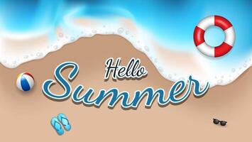 hello summer background with beach, ball, water buoy and flip-flops. vector