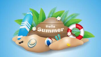 hello summer background with 3d element. great for banner or poster design. vector