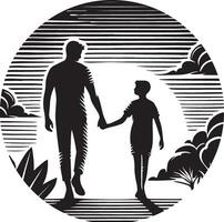 a silhouette of a man and his son walking in the woods vector