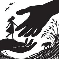 silhouette of a girl walking on the hand of a man vector