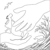 a coloring page with a hand reaching out to a girl vector
